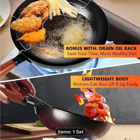 Black Hammered Wok Set with Wooden Handle - Picture 6 of 8